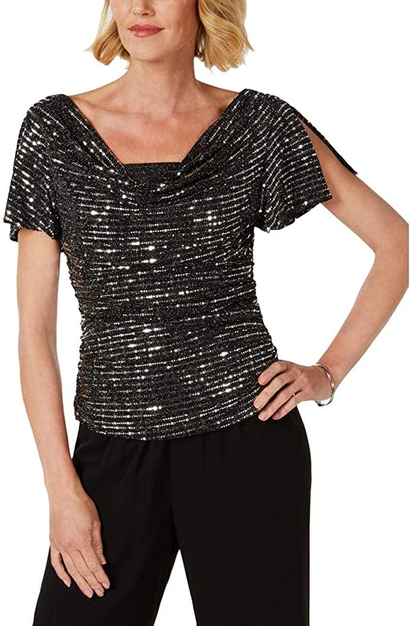 R&M Richards Womens Petites Sequined Ruched Blouse