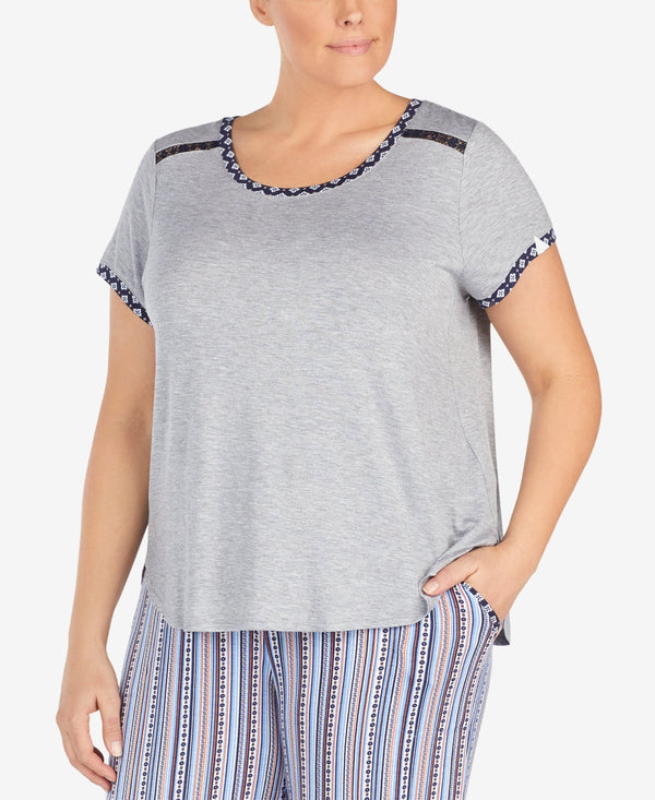 Layla Womens Plus Size Contrast Trim Lace  Pajama Top,Grey Heather,3X