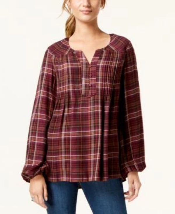 Style & Co Womens Plaid Peasant Top