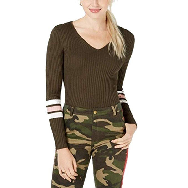 Hooked Up by IOT Shapewear Juniors Lace Up Varsity Stripe Sweater