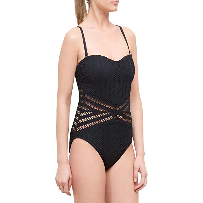 Kenneth Cole New York Womens Tough Luxe Crochet Bandeau One Piece Swimsuit