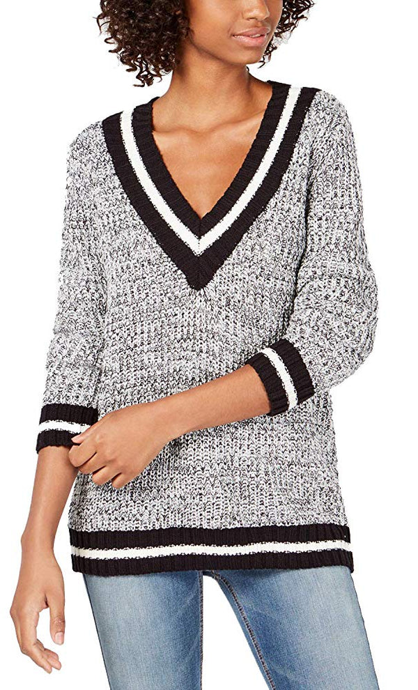 Freshman Womens Stripe Trimmed Marled Sweater