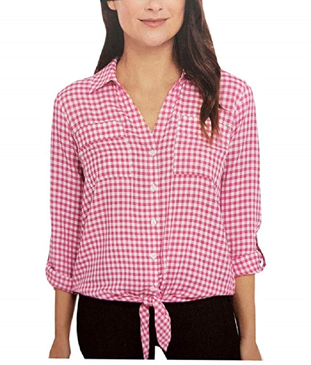 Jones New York Womens Gingham Button Front Knot 3/4 Sleeve Top Blouse