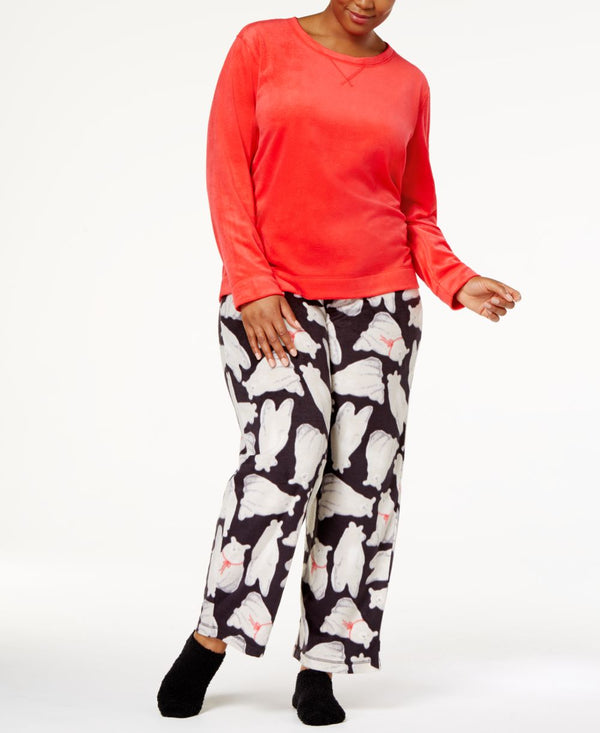 HUE Womens Plus Sueded Fleece Top And Printed Pants With Socks 3 Piece Pajama Set