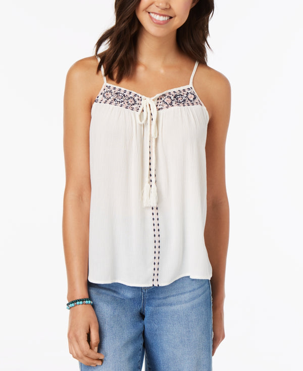 Almost Famous Juniors Embroidered Tie Front Tank Top