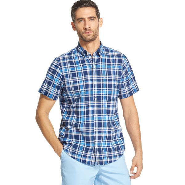 Izod Mens Breeze Short Sleeve Button Down Plaid Shirt Estate Blue Medium