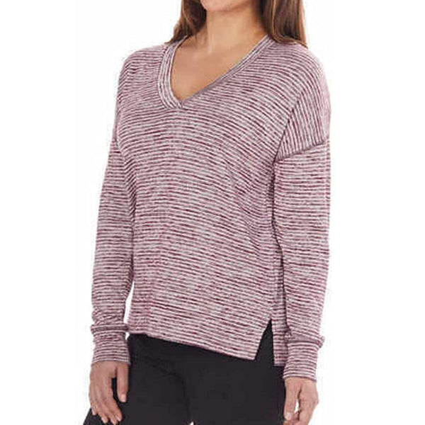Kirkland Signature Womens Long Sleeve Relaxed Fit V neck Top,Aubergine Stripe,X-Large