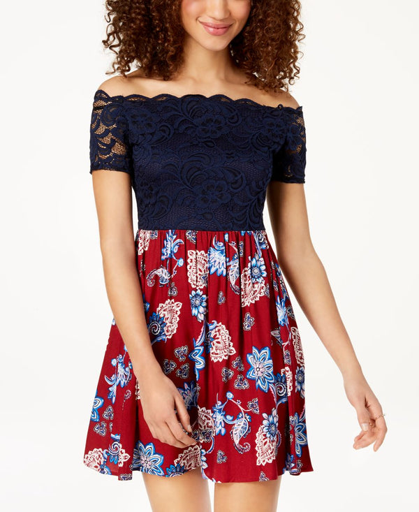 City Studios Juniors Lace Contrast Fit And Flare Dress