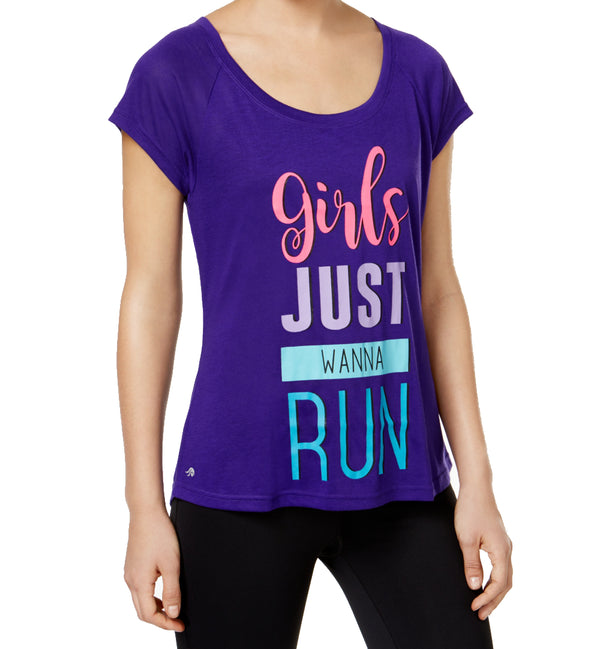 Ideology Womens Girl Just Wanna Run Graphic Print Short Sleeves Scoop Neck T-Shirt