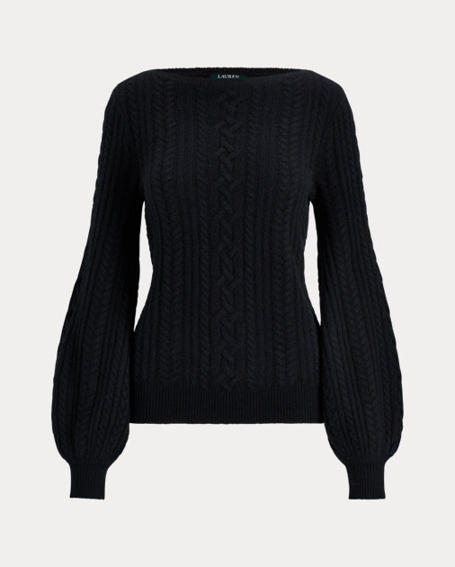 Lauren Madison Womens Cable Puff-Sleeve Sweater Black Large