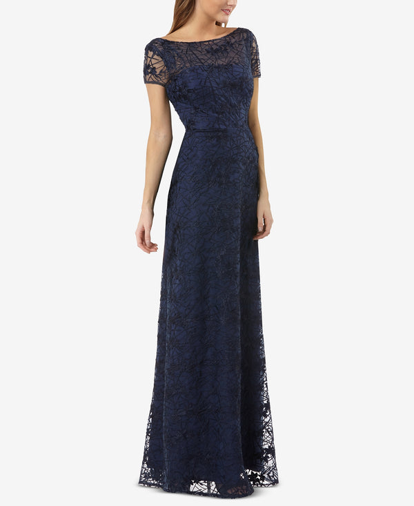 JS Collections Womens Embroidered Illusion Gown