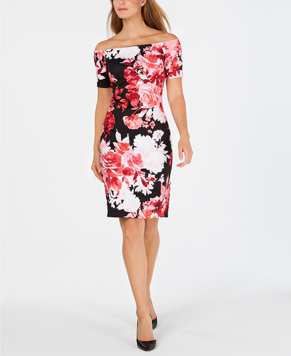 Calvin Klein Womens Off The Shoulder Floral Scuba Dress