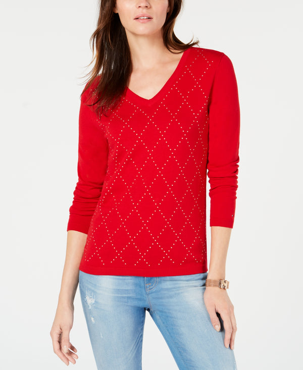 Tommy Hilfiger Womens Argyle Embellishments Sweater