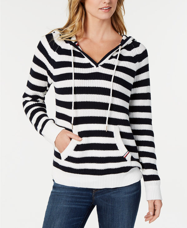 Tommy Hilfiger Womens Cotton Striped Hooded Sweater