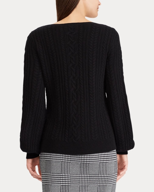 Lauren Madison Womens Cable Puff-Sleeve Sweater Black Large