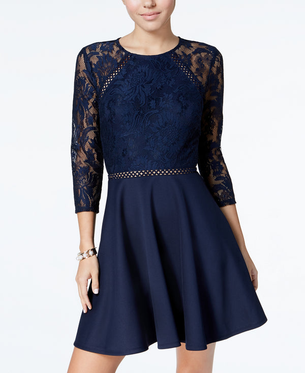 City Studios Womens Lace Fit and Flare Dress New Navy 7