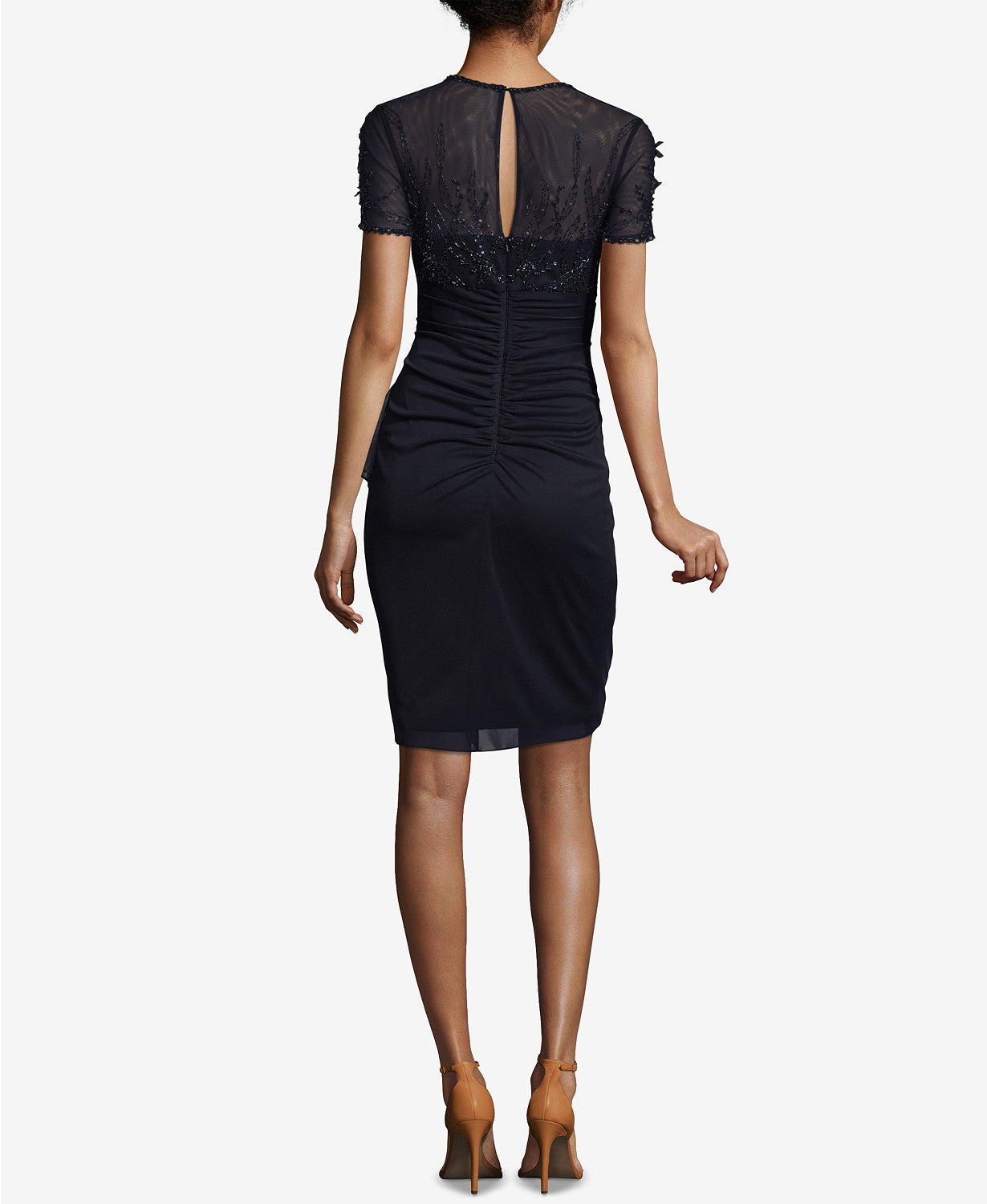 Xscape Womens Petite Beaded Ruched Shift Dress