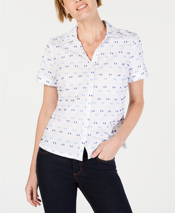 Karen Scott Womens Petite Embroidered Short Sleeve Shirt