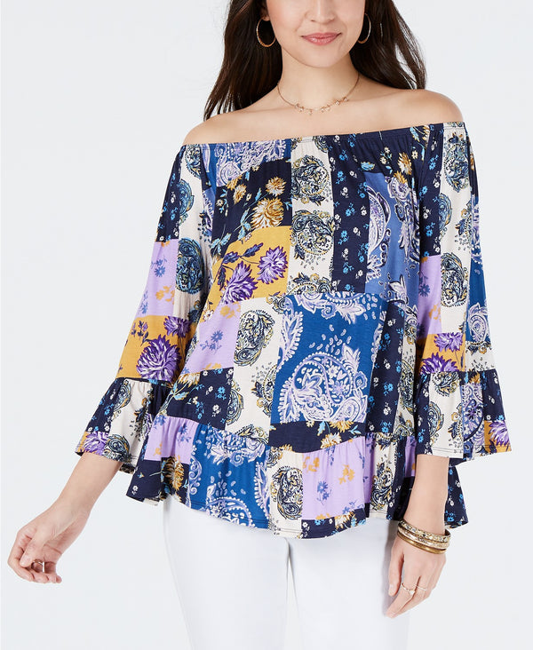 Style & Co Womens Petite Printed Off The Shoulder Top