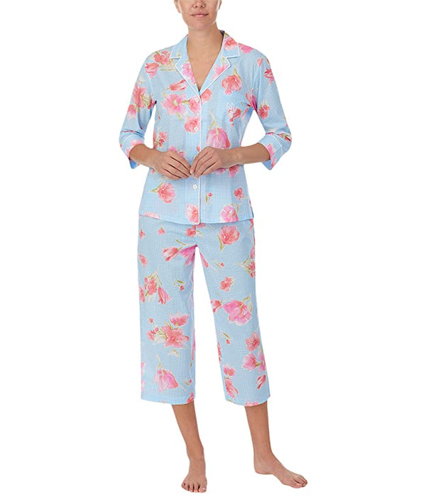 LAUREN RALPH LAUREN Womens 3/4 Sleeve Woven Notch Collar Capris Pajama Set,Small