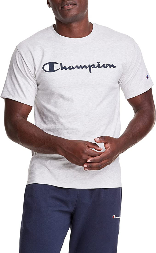 Champion Mens Script Logo T-Shirt,Oatmeal Heather,Small