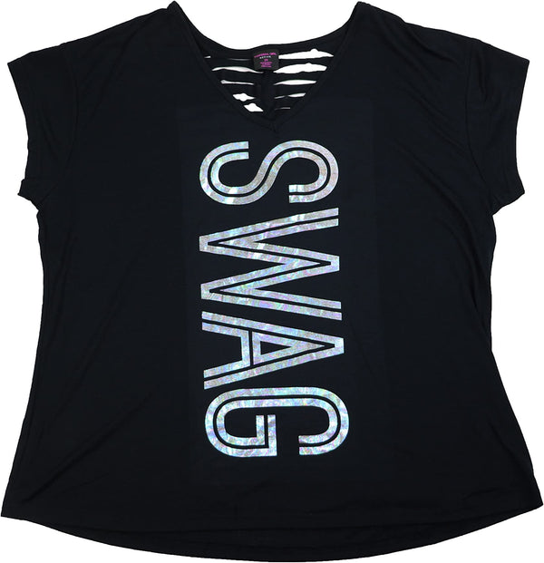 Material Girl Womens Plus Size Swag Print T-Shirt,Black,2X