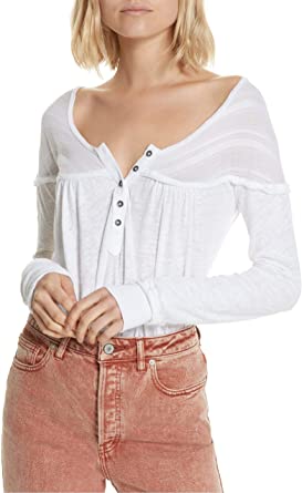 Free People Womens Down Under Linen Frayed Henley Top