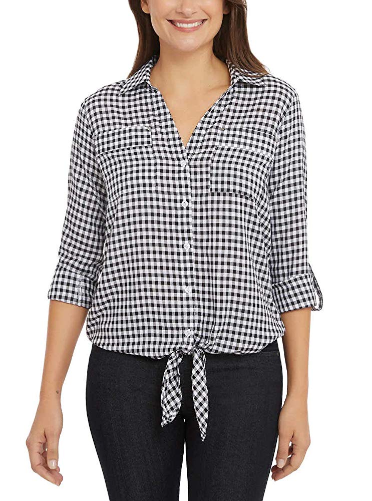 Jones New York Womens Gingham Button Front Knot 3/4 Sleeve Top Blouse