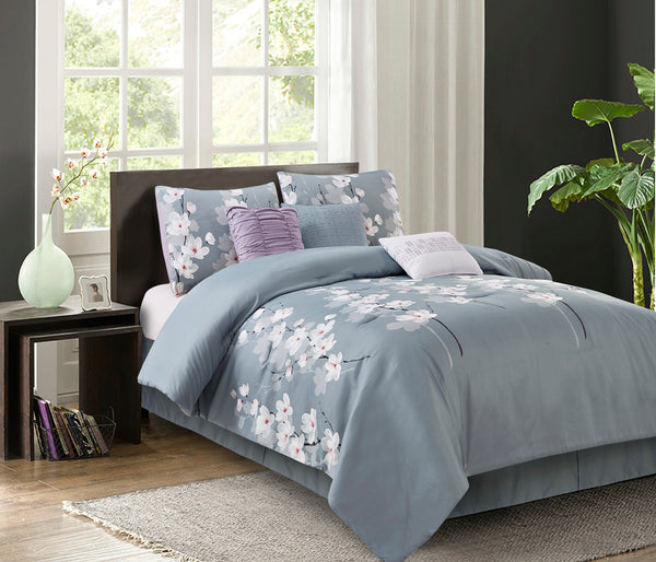 Isabel 7-Piece Grey Floral Queen Comforter Set