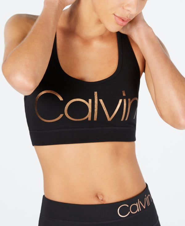 Calvin Klein Womens Metallic Logo Cross Back Mid Impact Sports Bra