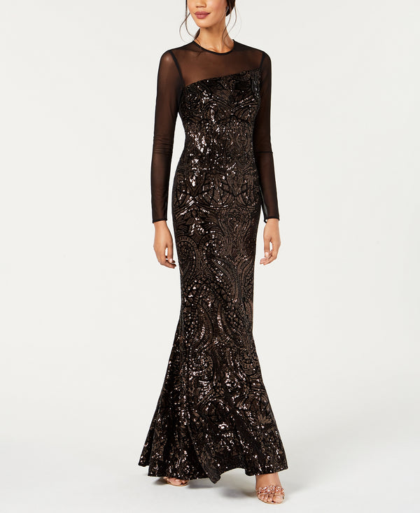 Betsy & Adam Womens Long-Sleeve Velvet And Sequin Evening Gown