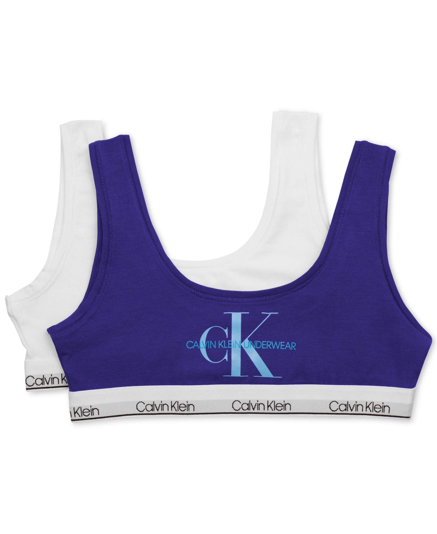 Calvin Klein Big Kid Girls Logo Print Bralette 2 Pack Purple/Blue/White S