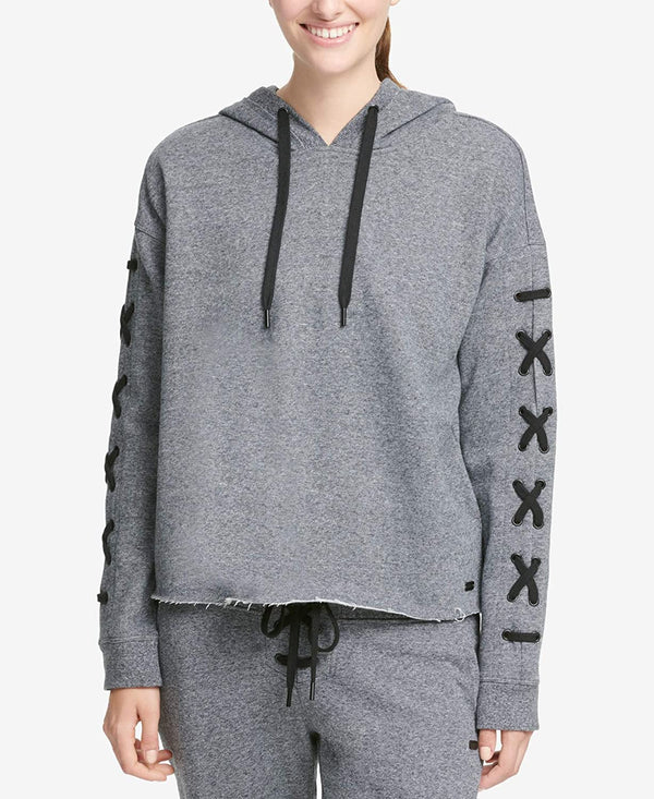 DKNY Womens Logo Lace Up Sleeve Cropped Hoodie
