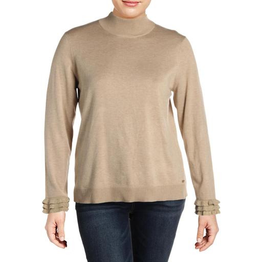 Calvin Klein Womens Metallic Ruffle Sleeves Mock Sweater