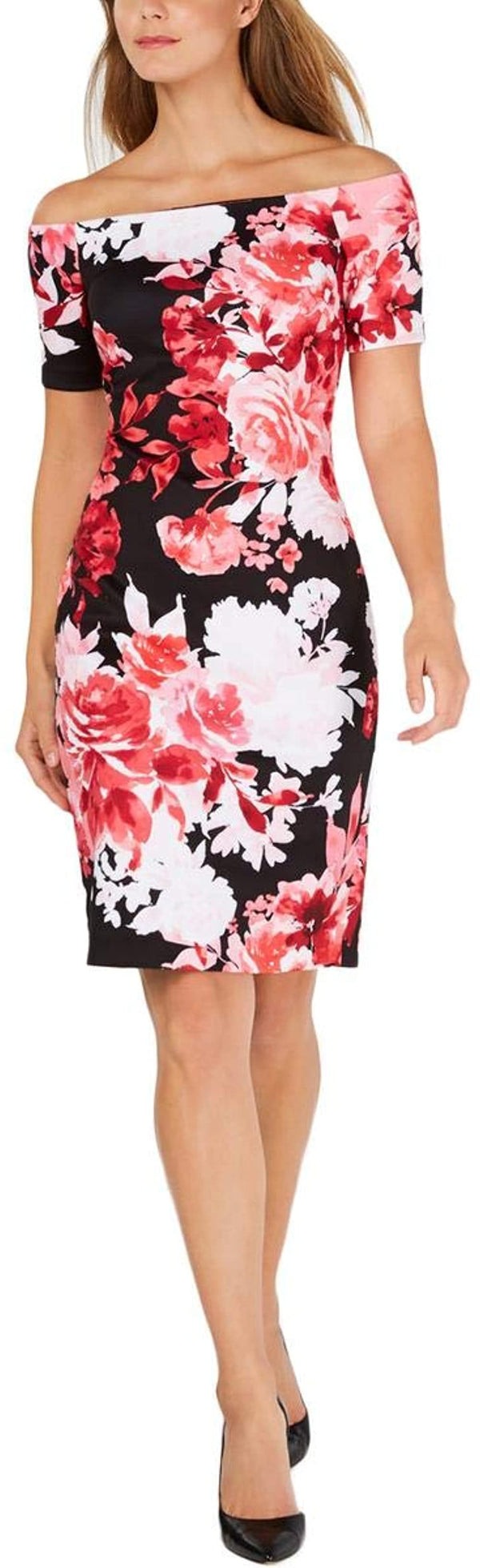 Calvin Klein Womens Petite Floral Off The Shoulder Dress