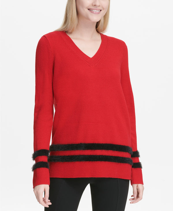 Calvin Klein Womens Faux Fur Striped V Neck Sweater