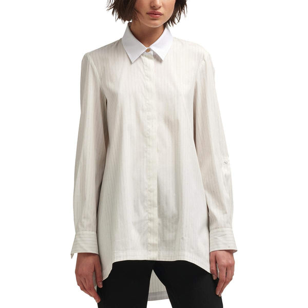 DKNY Womens Striped High Low Button Front Shirt