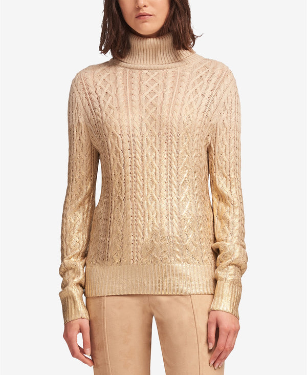 DKNY Womens Metallic Detail Cable Knit Turtleneck Sweater