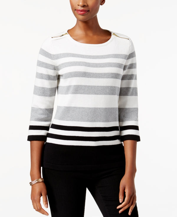 Karen Scott Womens Petite Cotton Striped Zip Shoulder Sweater