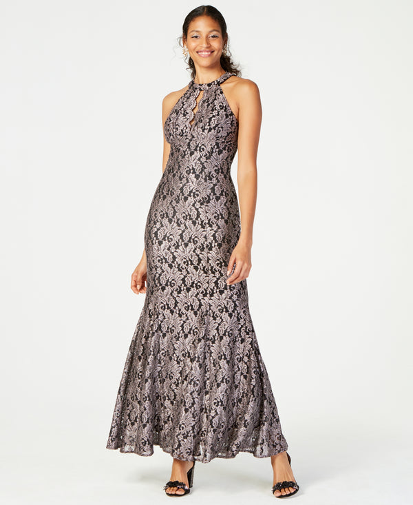 Nightway Womens Petite Glitter Lace Keyhole Gown