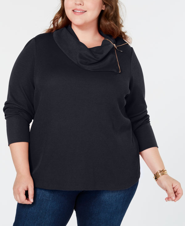 Tommy Hilfiger Womens Plus Size Zip Neck Thermal Top