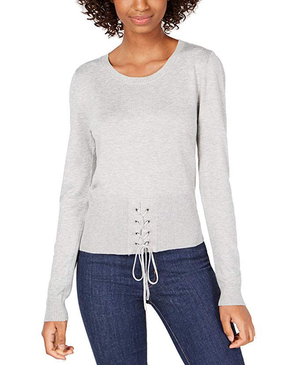Hooked Up by IOT Womens Crew-Neck Lace-Up Sweater