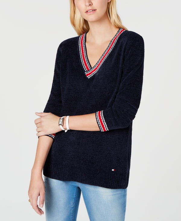 Tommy Hilfiger Womens Chenille V Neck Logo Sweater
