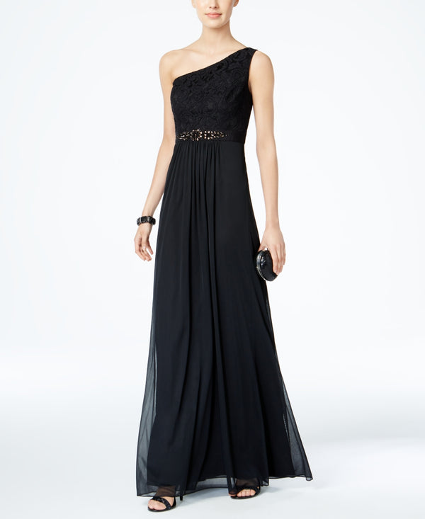 Adrianna Papell Womens Embellished Lace One Shoulder Gown