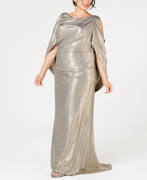 Betsy & Adam Womens Plus Size Metallic Cold Shoulder Cape Gown