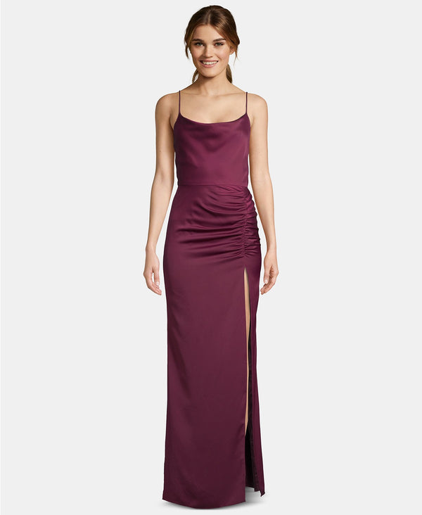 Betsy & Adam Womens Satin Ruched Slit Gown
