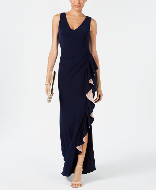 Betsy & Adam Womens Ruched Contrast Ruffle Gown
