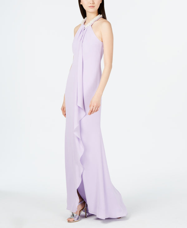 Calvin Klein Womens Imitation Pearl Halter Neck Ruffle Gown