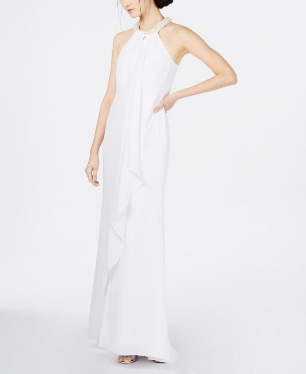Calvin Klein Womens Imitation Pearl Halter Neck Ruffle Gown