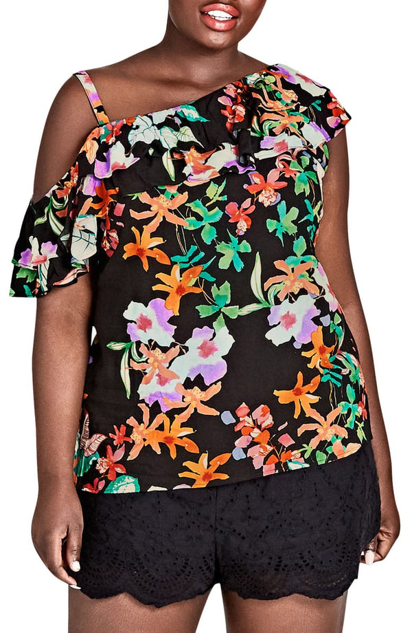 City Chic Womens Trendy Plus Size Printed Molokai Floral Ruffled Top